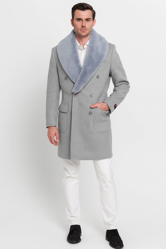 Mens Light Grey Double Breasted Overcoat with Faux Fur Shawl Collar â€“ Winter Luxury Coat Wool Fabric