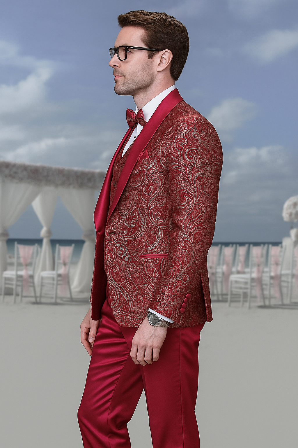 Mens Red Paisley Brocade Prom Tuxedo with Vested Double Breasted Suit - Wedding Ready