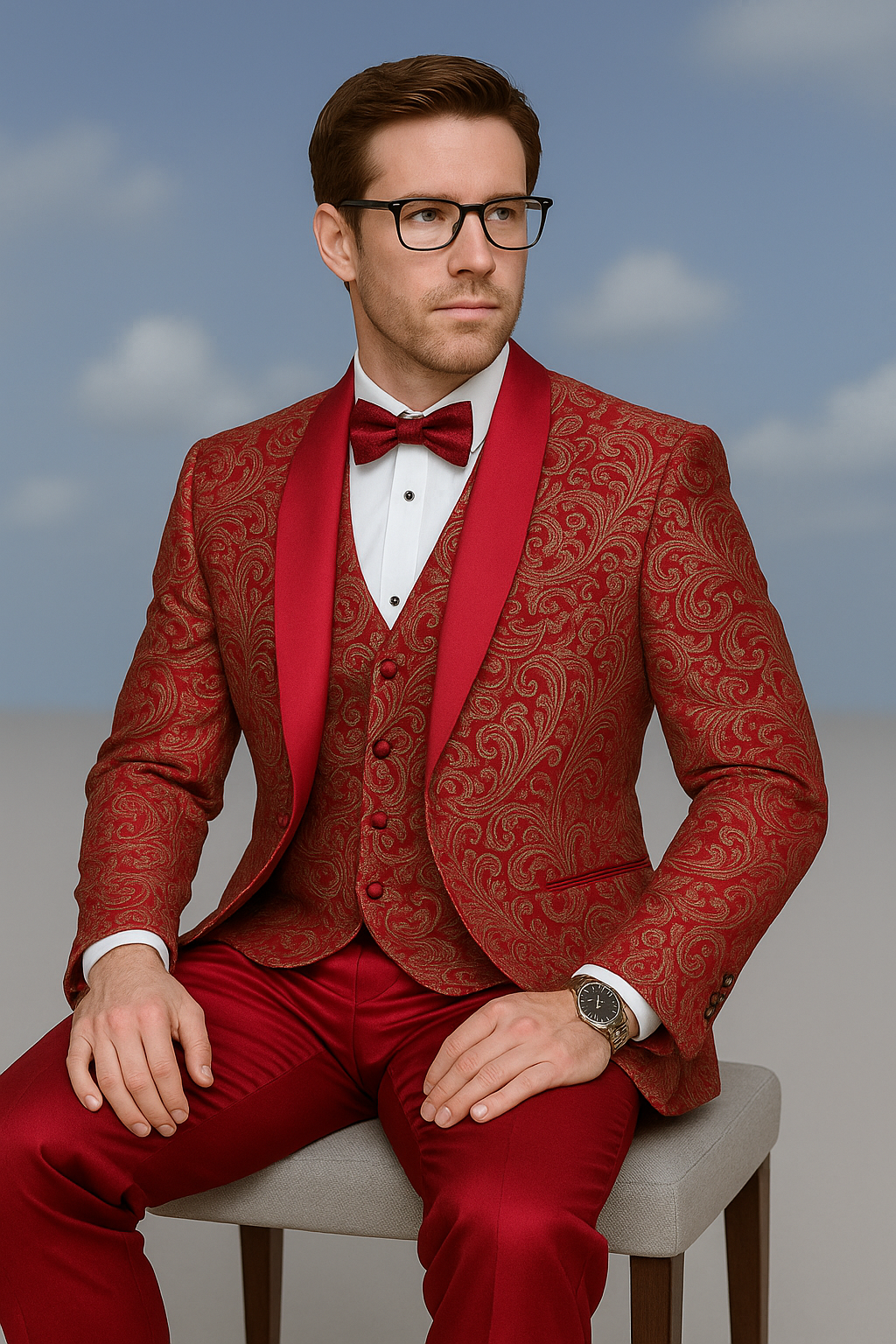 Mens Red Paisley Brocade Prom Tuxedo with Vested Double Breasted Suit - Wedding Ready