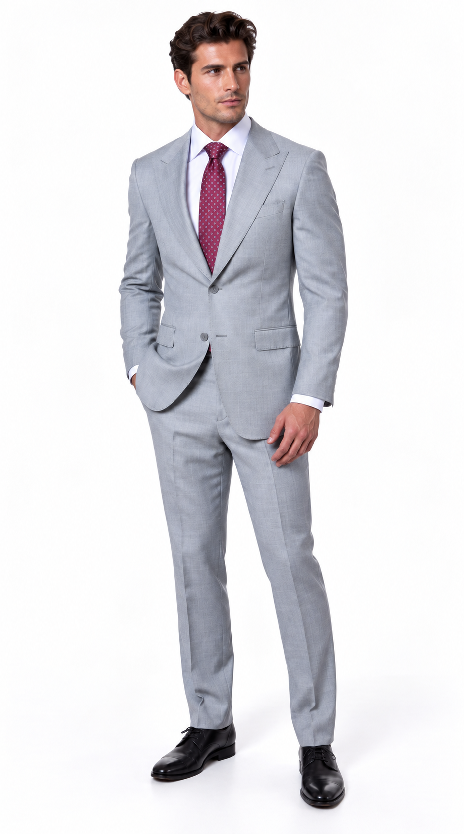 Statement Men's 2 Piece 100% Super 200 Wool Modern Fit Suit - Pic Stitching Peak Lapel Two Buttons in Color Grey