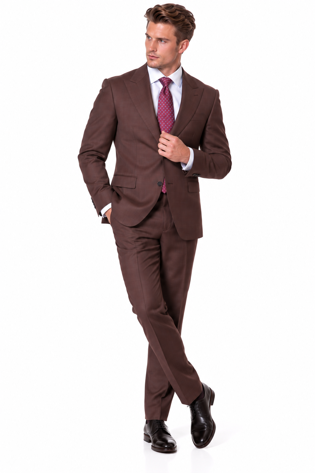 Statement Men's 2 Piece 100% Super 200 Wool Modern Fit Suit - Pic Stitching Peak Lapel Two Buttons in Color Brown