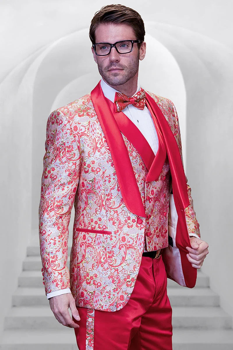 Coral Orange Men's Shiny Paisley Wedding Tuxedo with Double Breasted Vest & Satin Pants
