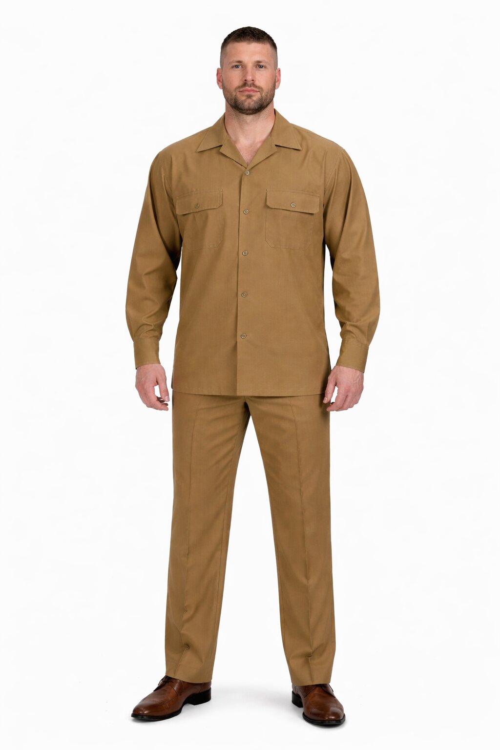 Mens Luxury Caramel Wool Two-Piece Leisure Walking Suit