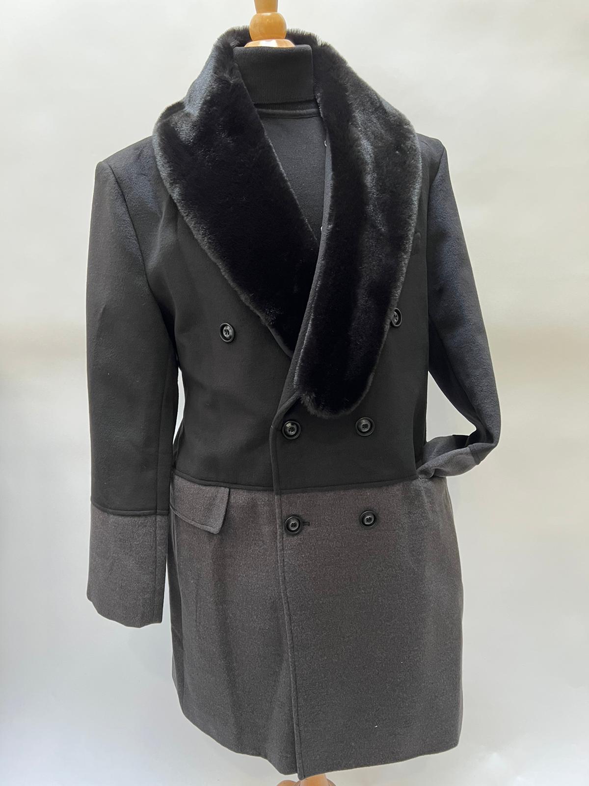 Mens Double-Breasted Wool Overcoat with Faux Fur Shawl Collar Classic Winter Dress Coat in Half Black and Charcoal