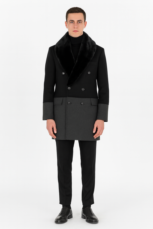 Mens Double-Breasted Wool Overcoat with Faux Fur Shawl Collar Classic Winter Dress Coat in Half Black and Charcoal