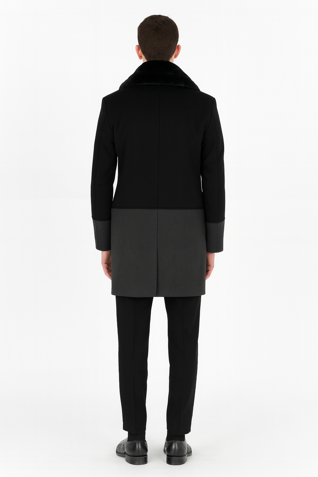 Mens Double-Breasted Wool Overcoat with Faux Fur Shawl Collar Classic Winter Dress Coat in Half Black and Charcoal
