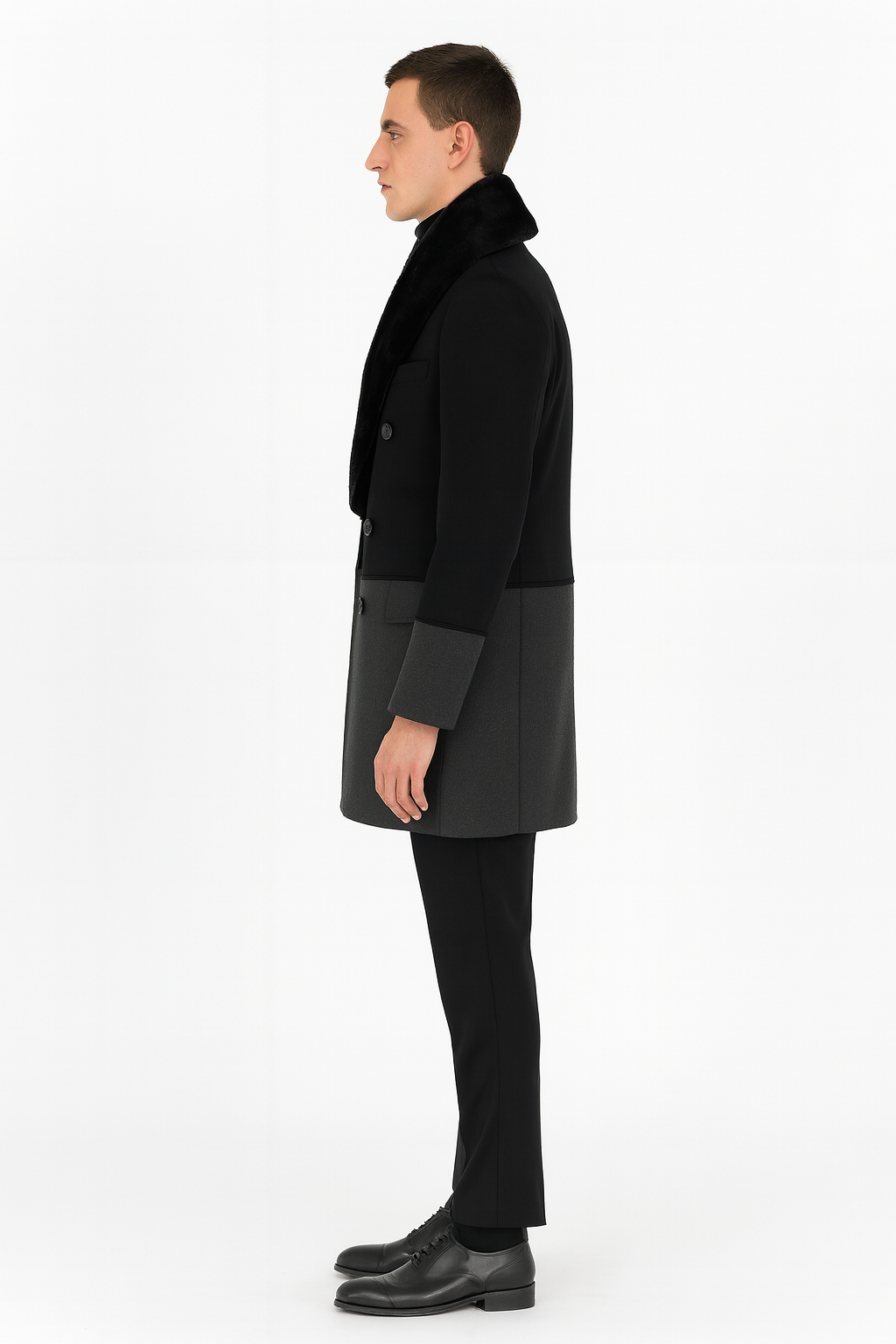 Mens Double-Breasted Wool Overcoat with Faux Fur Shawl Collar Classic Winter Dress Coat in Half Black and Charcoal