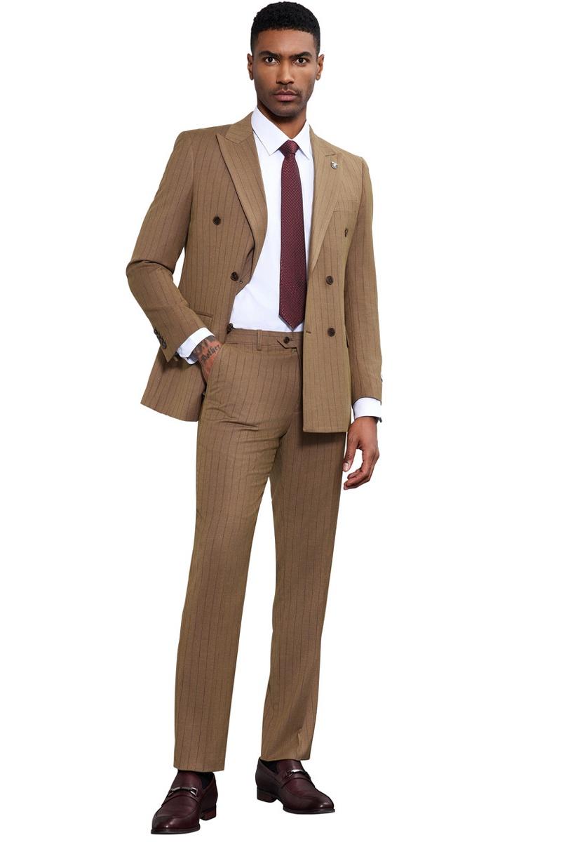 Men's Stacy Adams Double Breasted Pinstripe Suit in Camel