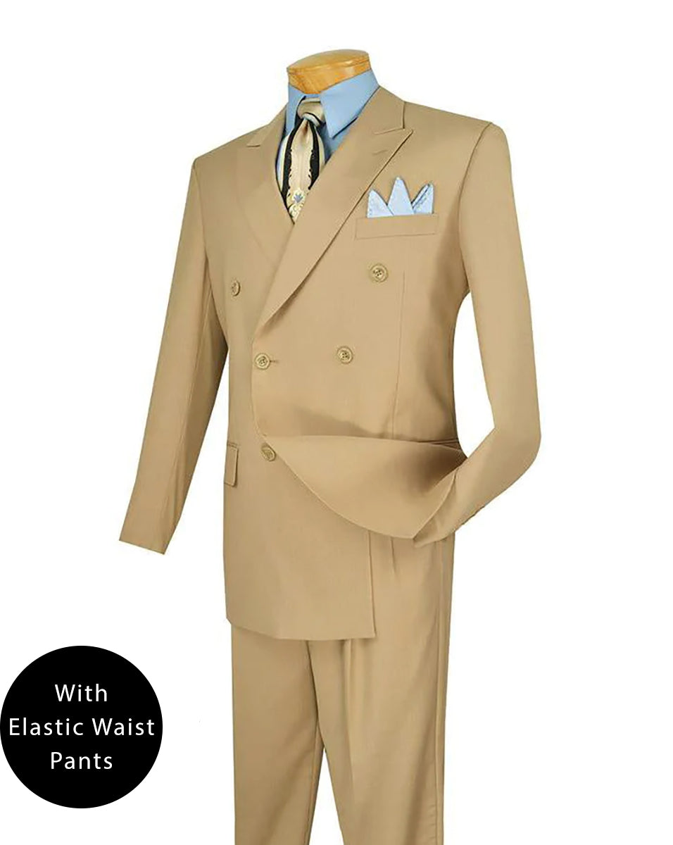 Ramses Collection - Beige Regular Fit Double Breasted 2 Piece Suit with Flexible Elastic Waistband