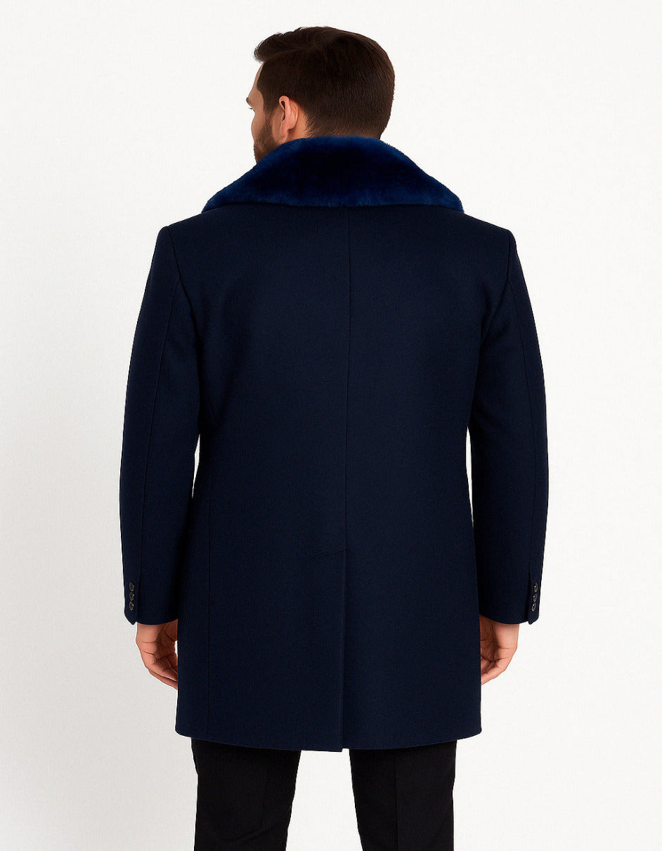 Mens Navy Wool Overcoat with Royal Blue Faux Fur Shawl Collar Cashmere Carcoat