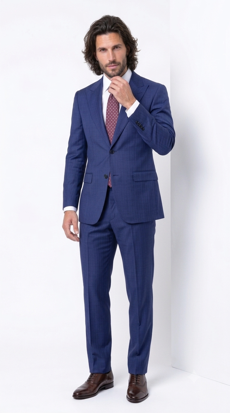 Statement Men's 2 Piece 100% Super 200 Wool Modern Fit Suit - Pic Stitching Peak Lapel Two Buttons in Color Navy