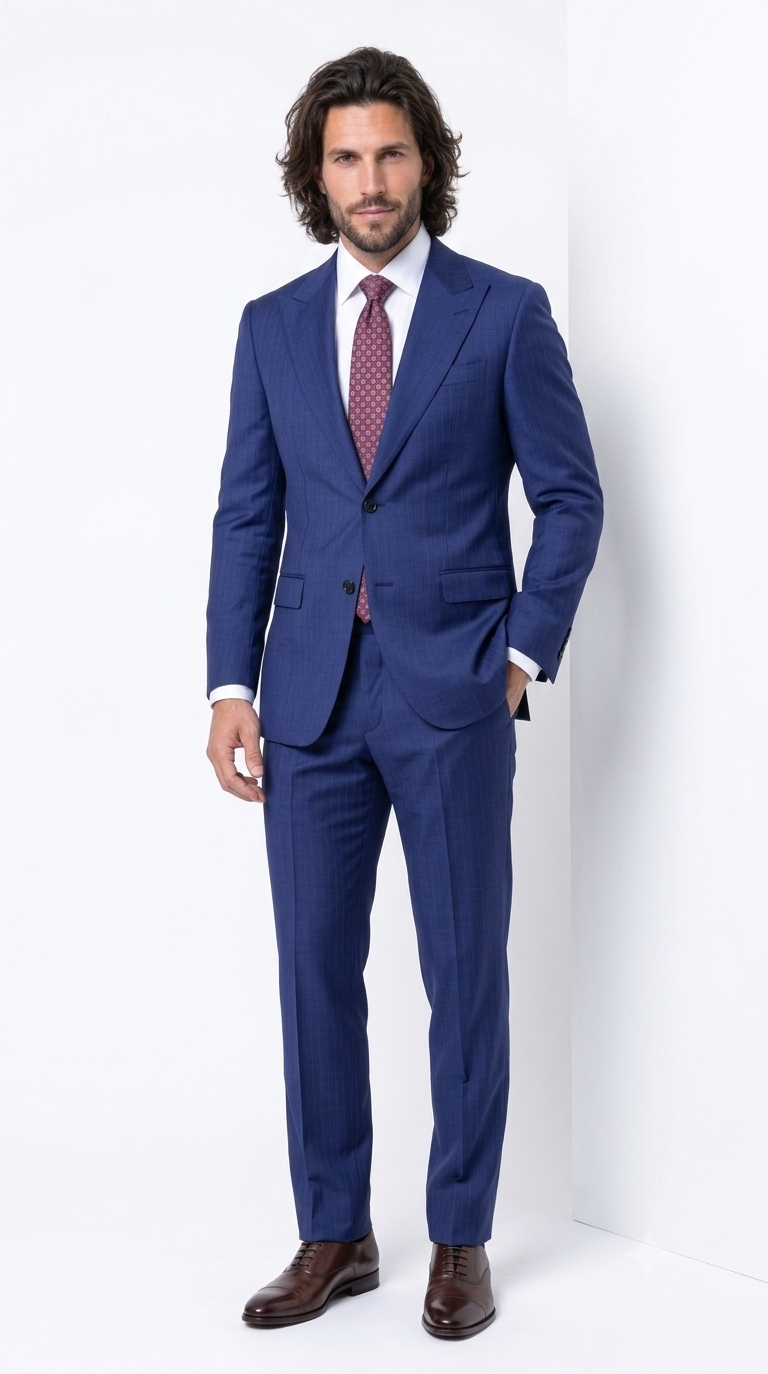 Statement Men's 2 Piece 100% Super 200 Wool Modern Fit Suit - Pic Stitching Peak Lapel Two Buttons in Color Navy