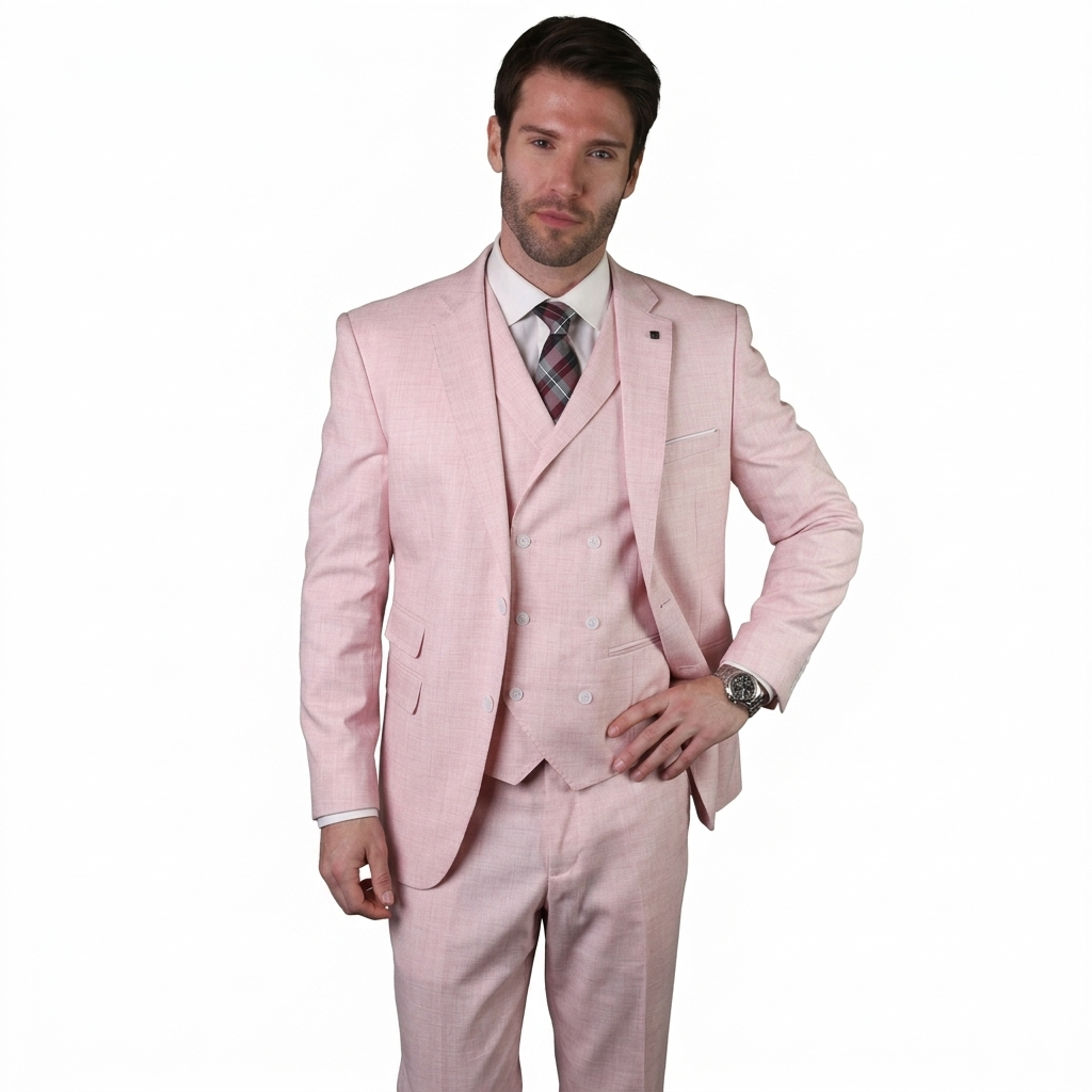 Mens Ticket Pocket Peak Lapel Double breasted Vest 100% Wool Tom Ford Style Modern Fit in Color "Pink" By Statement