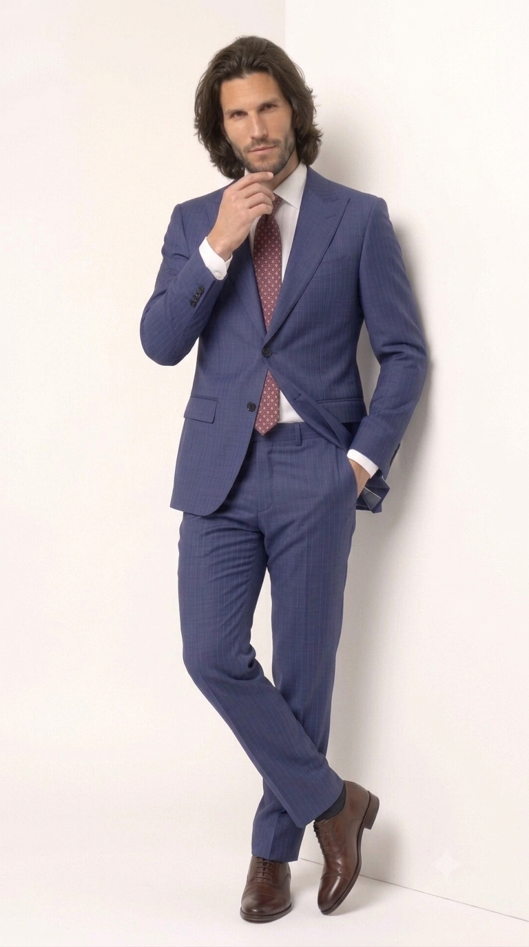 Statement Men's 2 Piece 100% Super 200 Wool Modern Fit Suit - Pic Stitching Peak Lapel Two Buttons in Color Navy