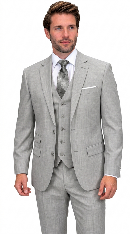 Men’s 3 Piece Sharkskin Suit with Vest - Modern Fit Gray