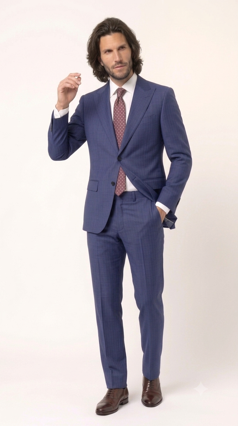 Statement Men's 2 Piece 100% Super 200 Wool Modern Fit Suit - Pic Stitching Peak Lapel Two Buttons in Color Navy