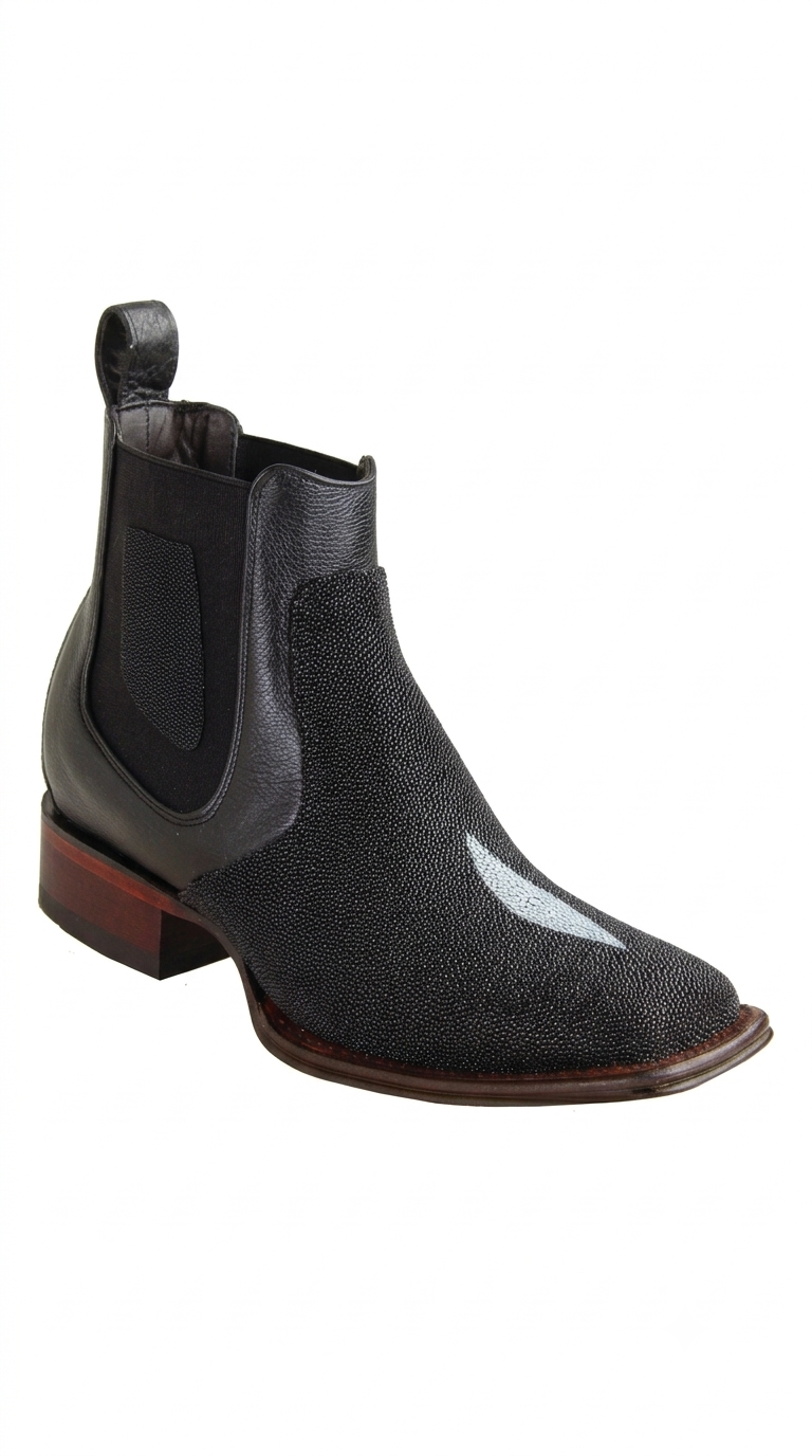 Men's Genuine Stingray Skin Single Stone Wide Square Toe Ankle Boots Black Color - Los Altos Boots