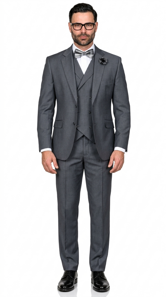 Men’s 3 Piece Classic Fit Suit with Double-Breasted Vest and Pleated Pants - Charcoal