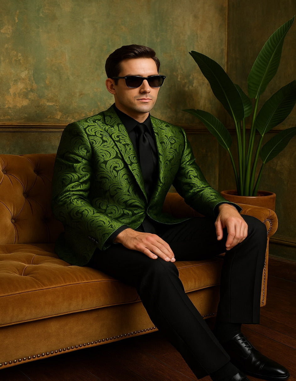 Men's Green Paisley Tuxedo Blazer â€“ Luxury Slim Fit Dinner Jacket for Formal Events
