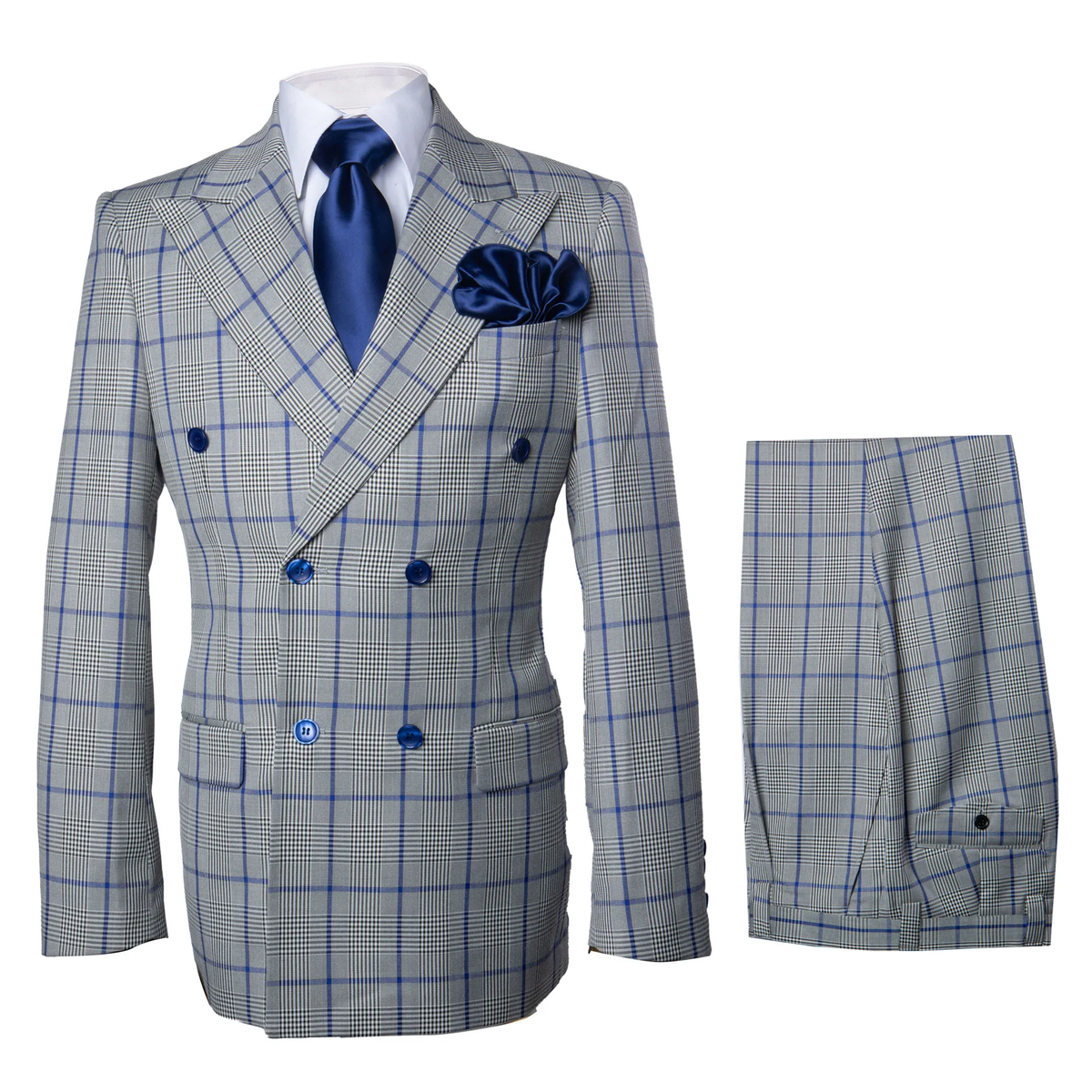 Suits With Baggy Pleated Pants - Wide Leg Pants 100% Wool - Classic Fit in Color Grey with Blue Plaid by Rossiman
