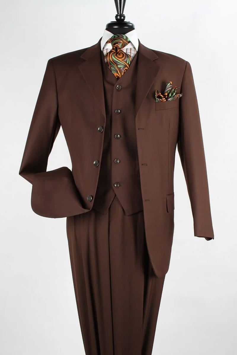 Mens Classic Fit 3 Button Vested Pant Suit in Coco Brown-New Designer Collection