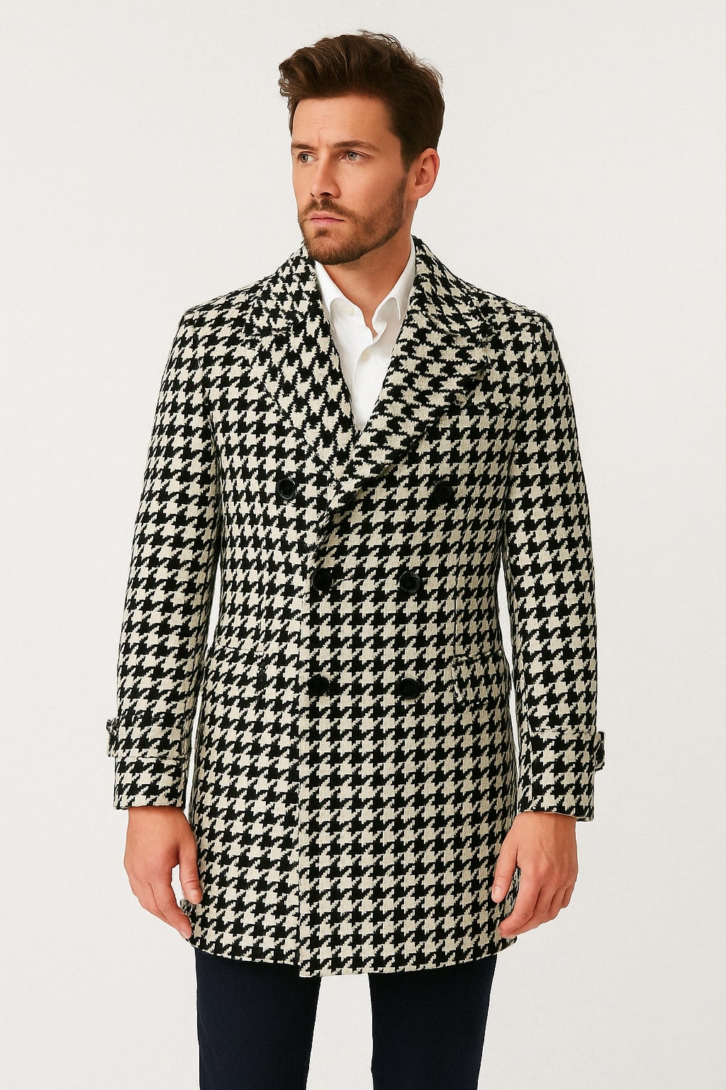 Mens Houndstooth Double-Breasted Wool Peacoat Black and White Wool  Short Coat Slim Fit
