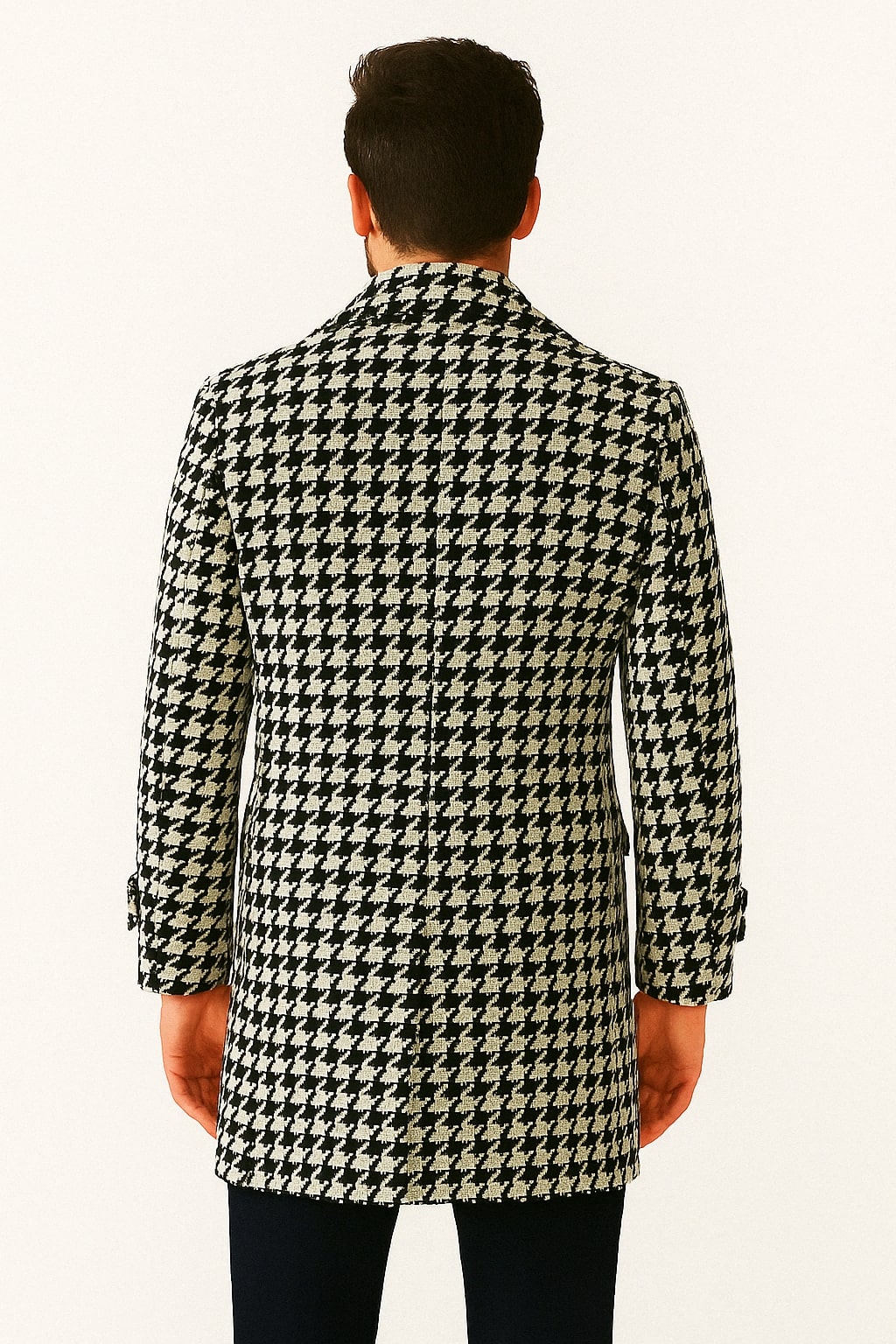 Mens Houndstooth Double-Breasted Wool Peacoat Black and White Wool  Short Coat Slim Fit