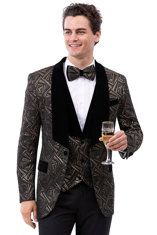 Men's Geometric Print Tuxedo Jacket with Square Shawl Lapel in Black & Gold