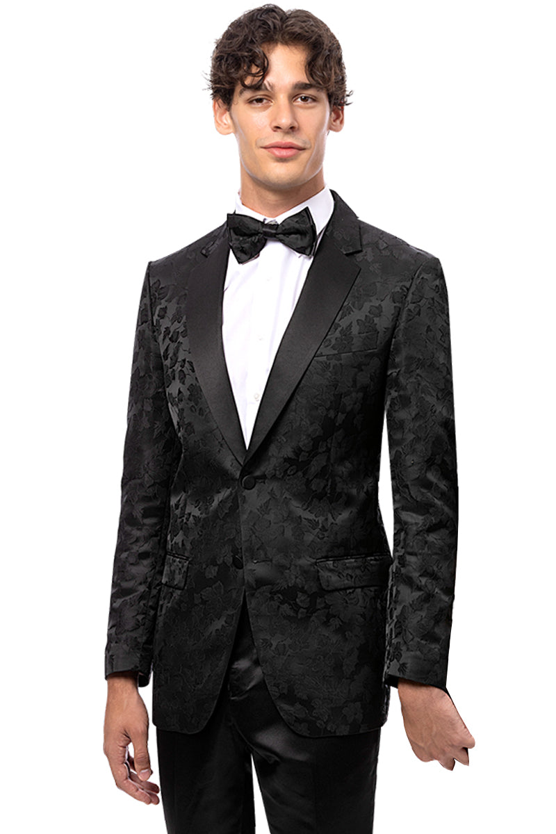Men's Two Button Shiny Floral Print Prom Tuxedo Jacket in Black