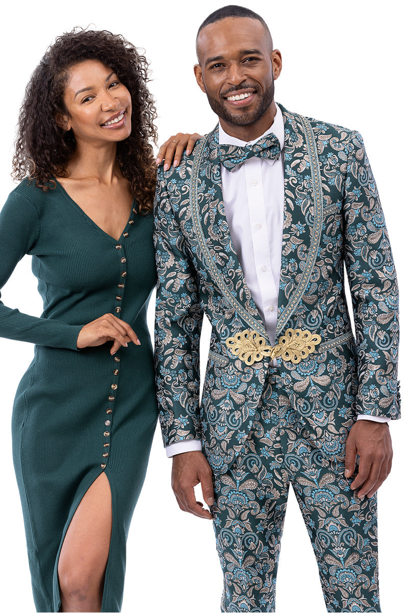 Men's Designer Turquoise Brocade Floral Print Wedding & Prom Tuxedo with Frog Closure