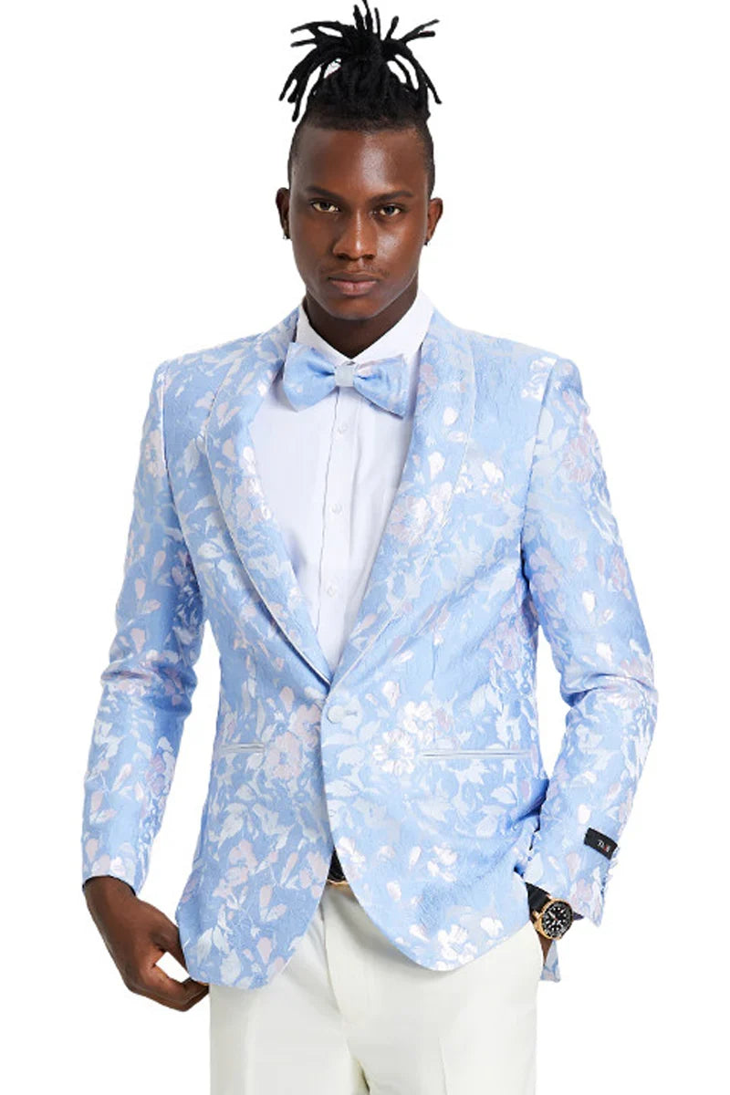 Men's slim fit sky blue & silver paisley foil print tuxedo dinner jacket for prom & wedding