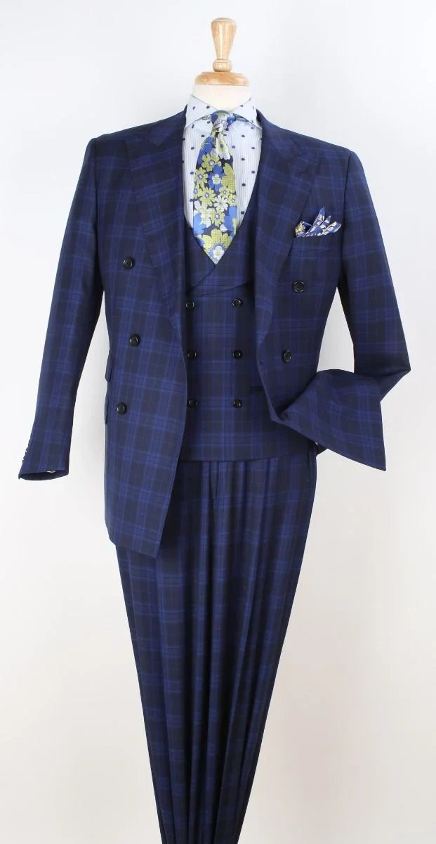 Apollo King Men's Outlet 3 Piece 100% Wool Suit Fashion Windowpane-New Designer Collection