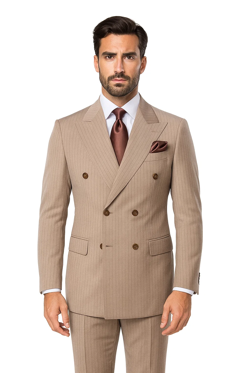 Suits With Baggy Pleated Pants - Wide Leg Pants 100% Wool - Classic Fit in Light Brown with Brown Pinstripe Color by Rossiman