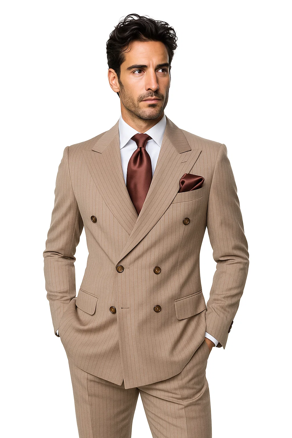 Suits With Baggy Pleated Pants - Wide Leg Pants 100% Wool - Classic Fit in Light Brown with Brown Pinstripe Color by Rossiman