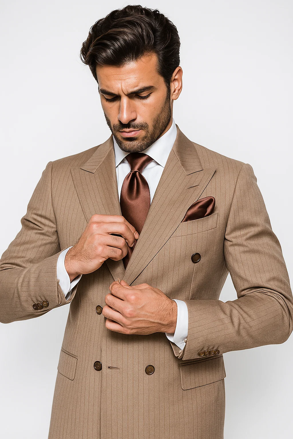 Suits With Baggy Pleated Pants - Wide Leg Pants 100% Wool - Classic Fit in Light Brown with Brown Pinstripe Color by Rossiman