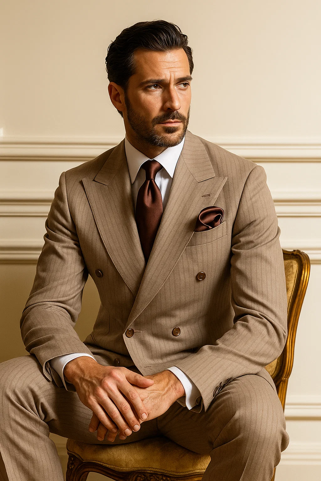 Suits With Baggy Pleated Pants - Wide Leg Pants 100% Wool - Classic Fit in Light Brown with Brown Pinstripe Color by Rossiman