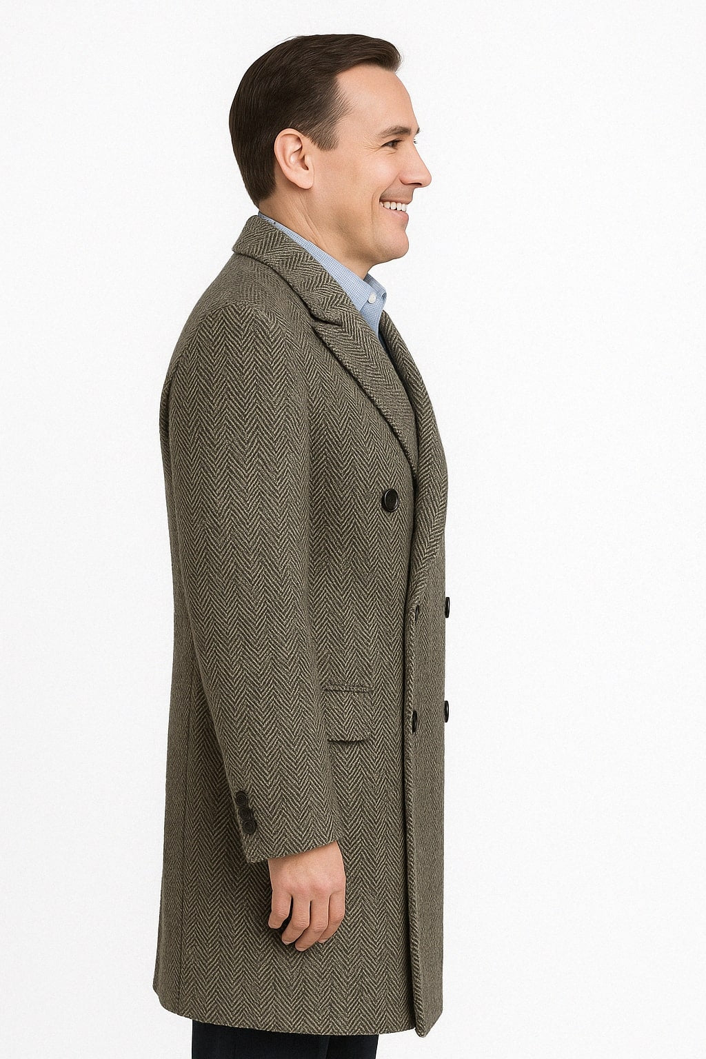 Mens Long Herringbone Wool Overcoat â€“ Classic Double-Breasted Winter Topcoat