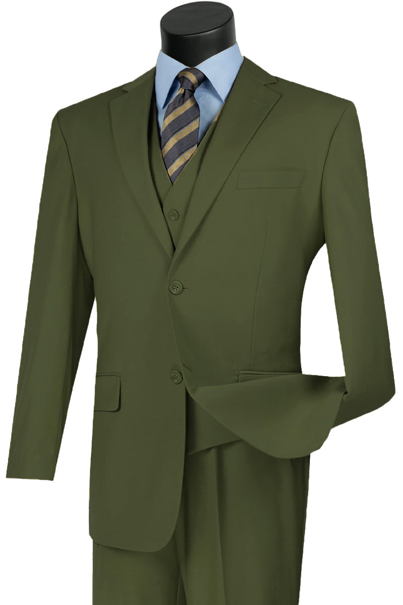Men’s Olive Classic Fit 3 Piece Suit, Flat Front Vested Formal Wedding Business Suit