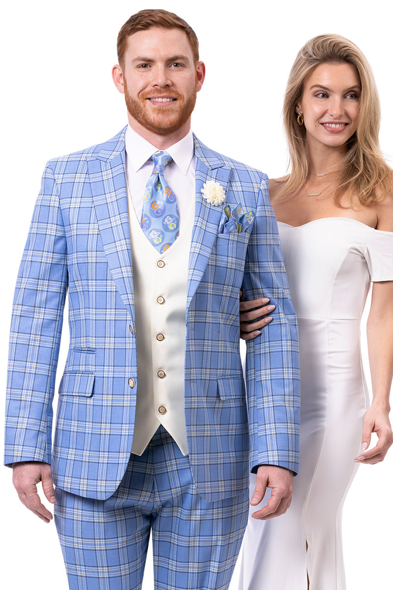 Men's Modern Fit Peak Lapel Contrasting Vest Suit in Light Blue Windowpane Plaid