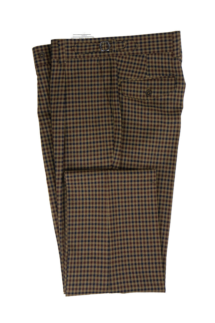 Tiglio Luxe Camel with Navy Check Semi-Wide Leg Wool Marbella Dress Pants TL5547