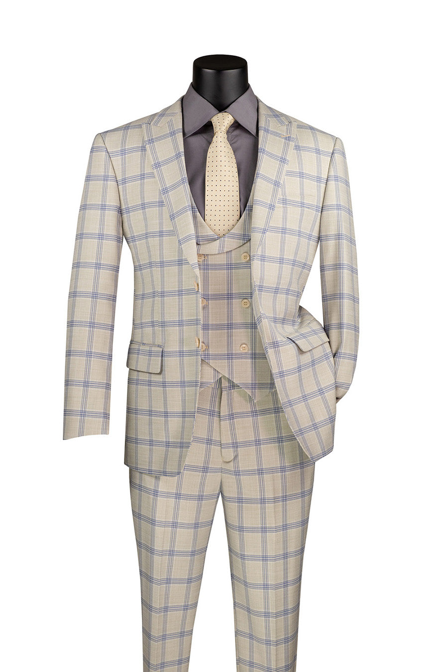 Modern Fit Windowpane Suit 3 Piece with U-Neck Vest in Light Beige