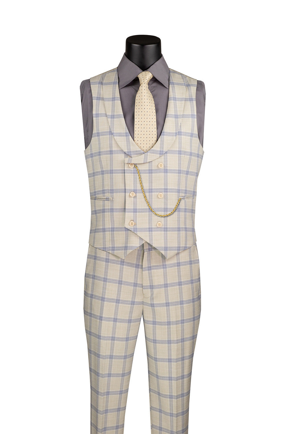 Modern Fit Windowpane Suit 3 Piece with U-Neck Vest in Light Beige