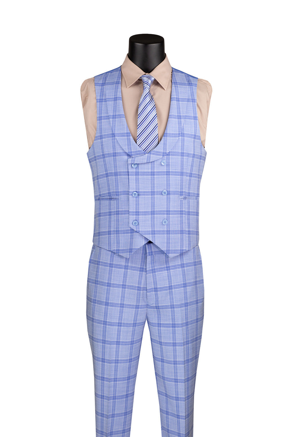 Modern Fit Windowpane Suit 3 Piece with U-Neck Vest in Light Blue