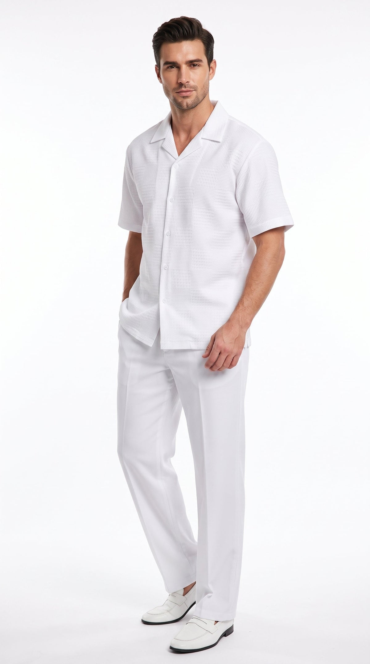 Men’s White Walking Suit, Casual Short Sleeve Shirt and Pants Summer Set