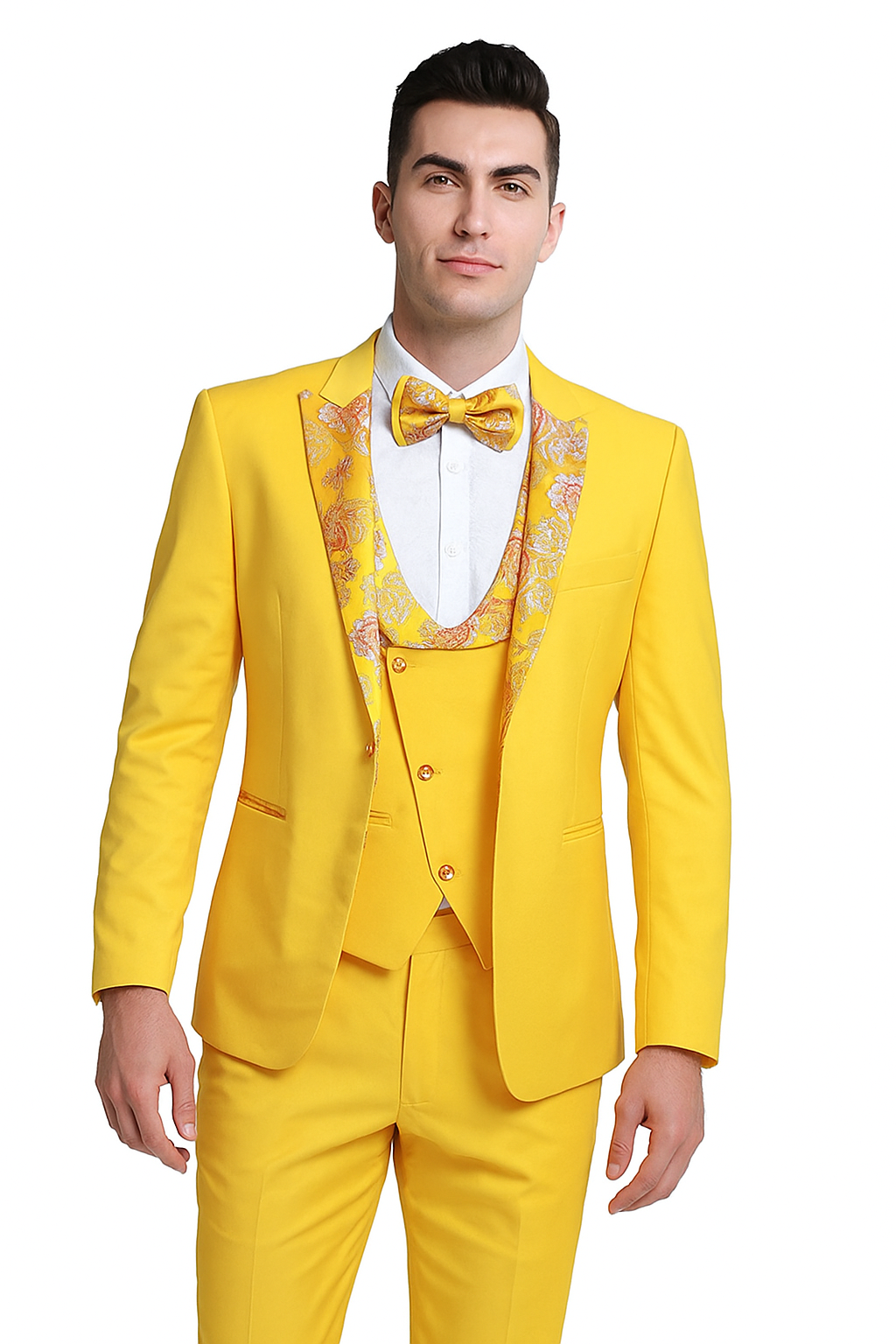 Radiant Golden Bloom Mens 3-Piece Suits with Floral Peak Lapel