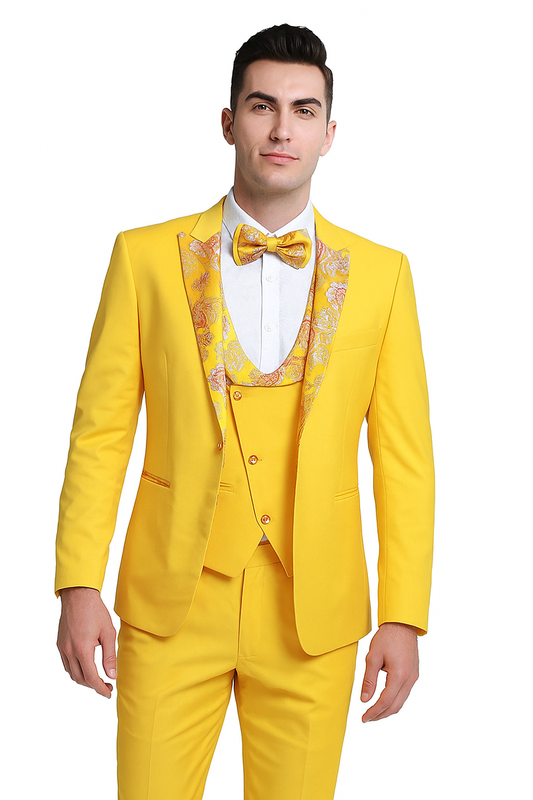 Radiant Golden Bloom Mens 3-Piece Suits with Floral Peak Lapel