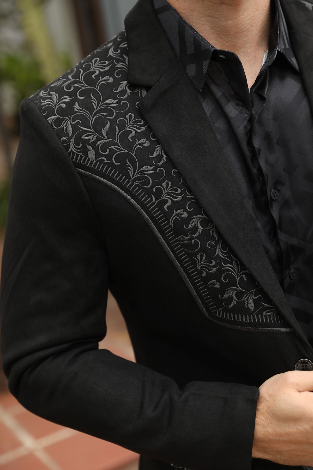 Men’s Black Faux Suede Embroidered Dinner Blazer – Modern Fit Formal Jacket
