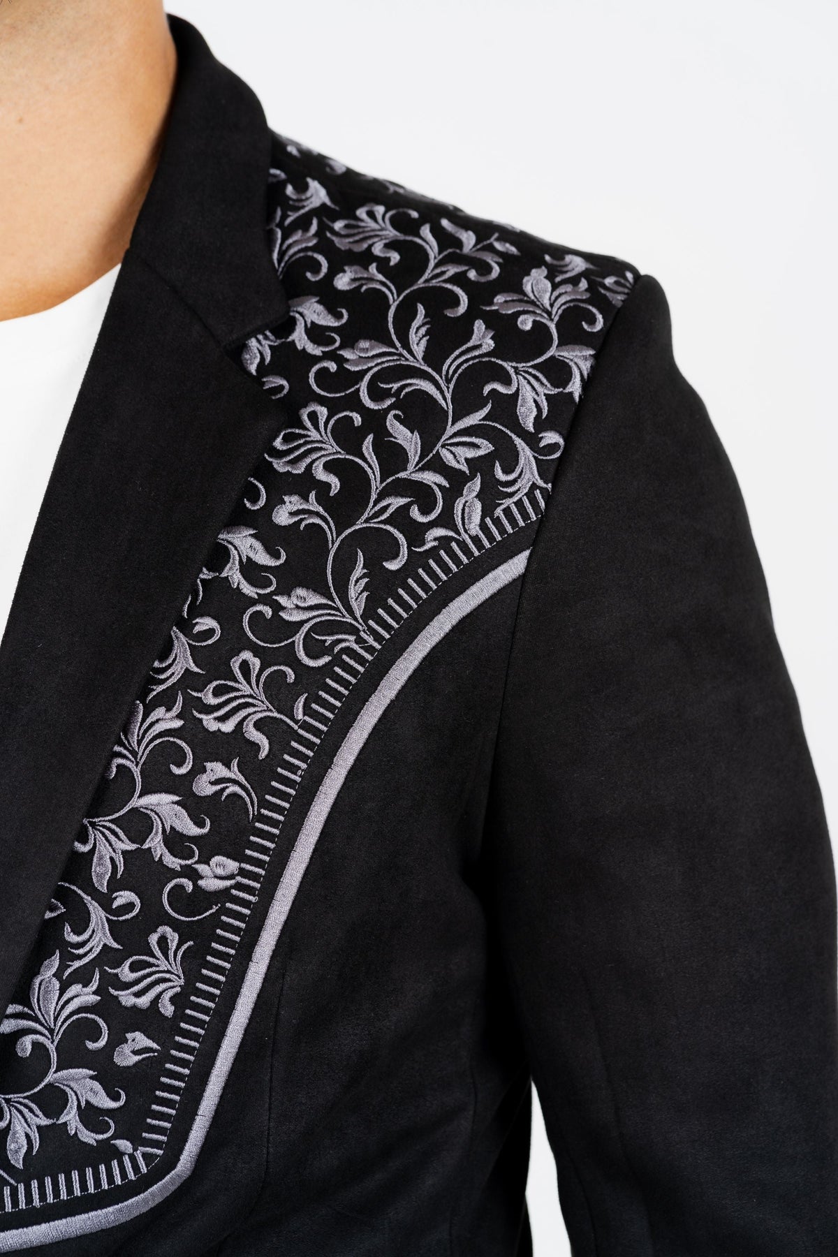 Men’s Black Faux Suede Embroidered Dinner Blazer – Modern Fit Formal Jacket