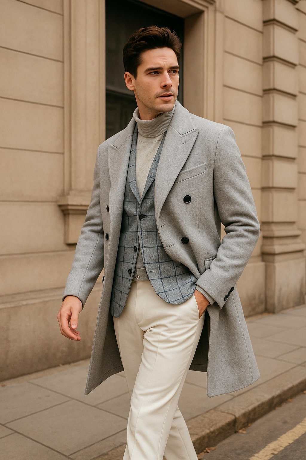 Men's Light Gray Double-Breasted Overcoat with Windowpane Vest â€“ 3-Piece Wool Fabric By Alberto Nardoni