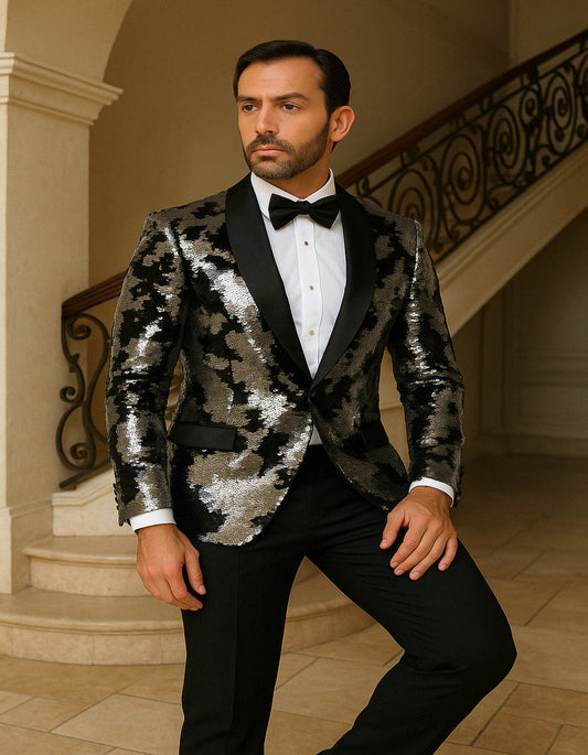 Men's Black and Silver Gray Sequin Tuxedo Blazer With Black Pants